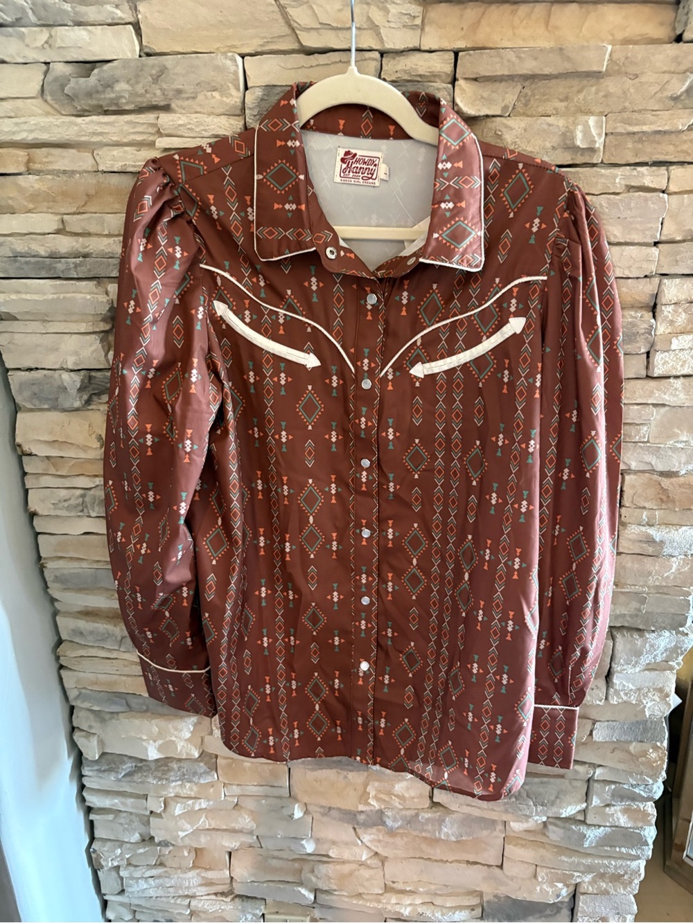 NWT Brown Western-Style Blouse with Geometric Print & Embroidered Piping, L